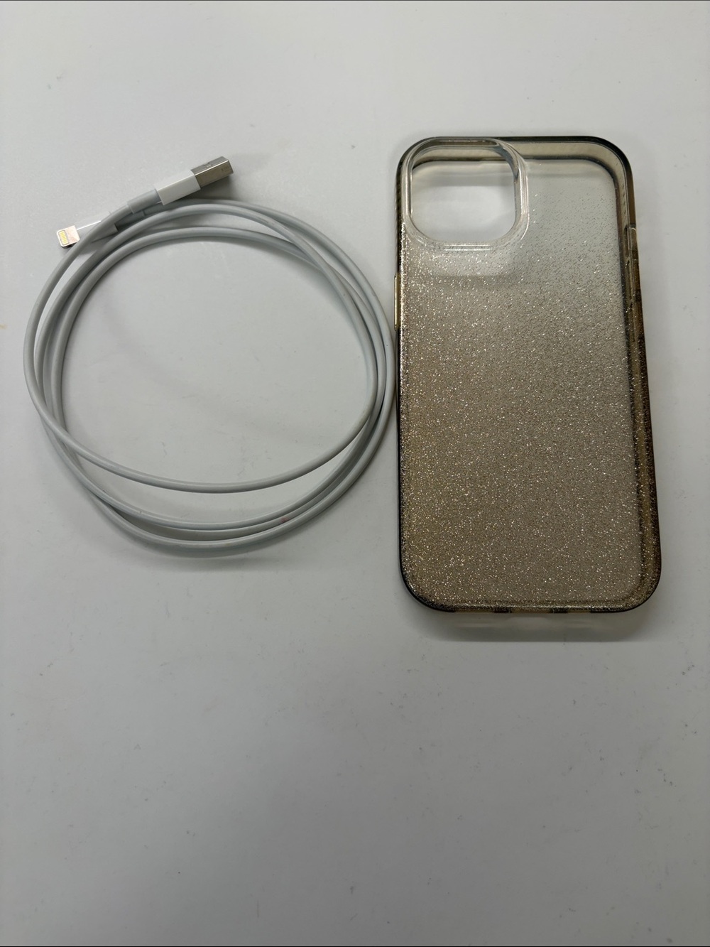 Gold Glitter iPhone 13 Case and Charging Cord